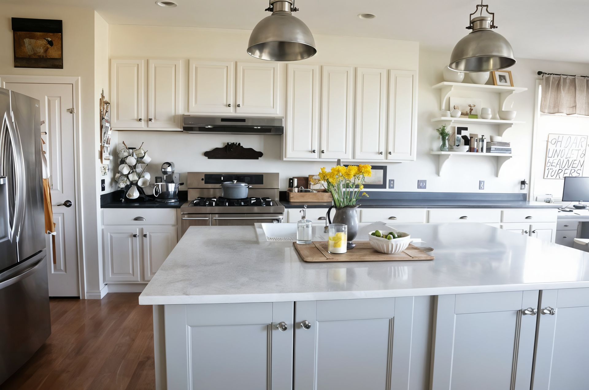 Two-tone kitchen island refinished by Coastal Cabinet Painting